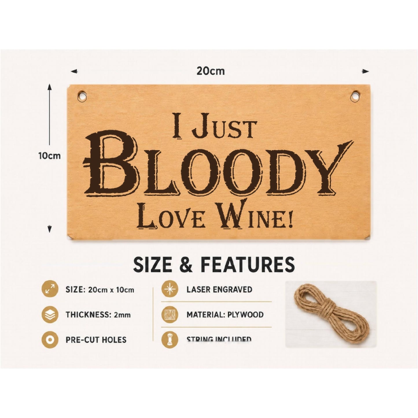 I Just Bloody Love Wine plaque showing 20 x 10 cm size and product features
