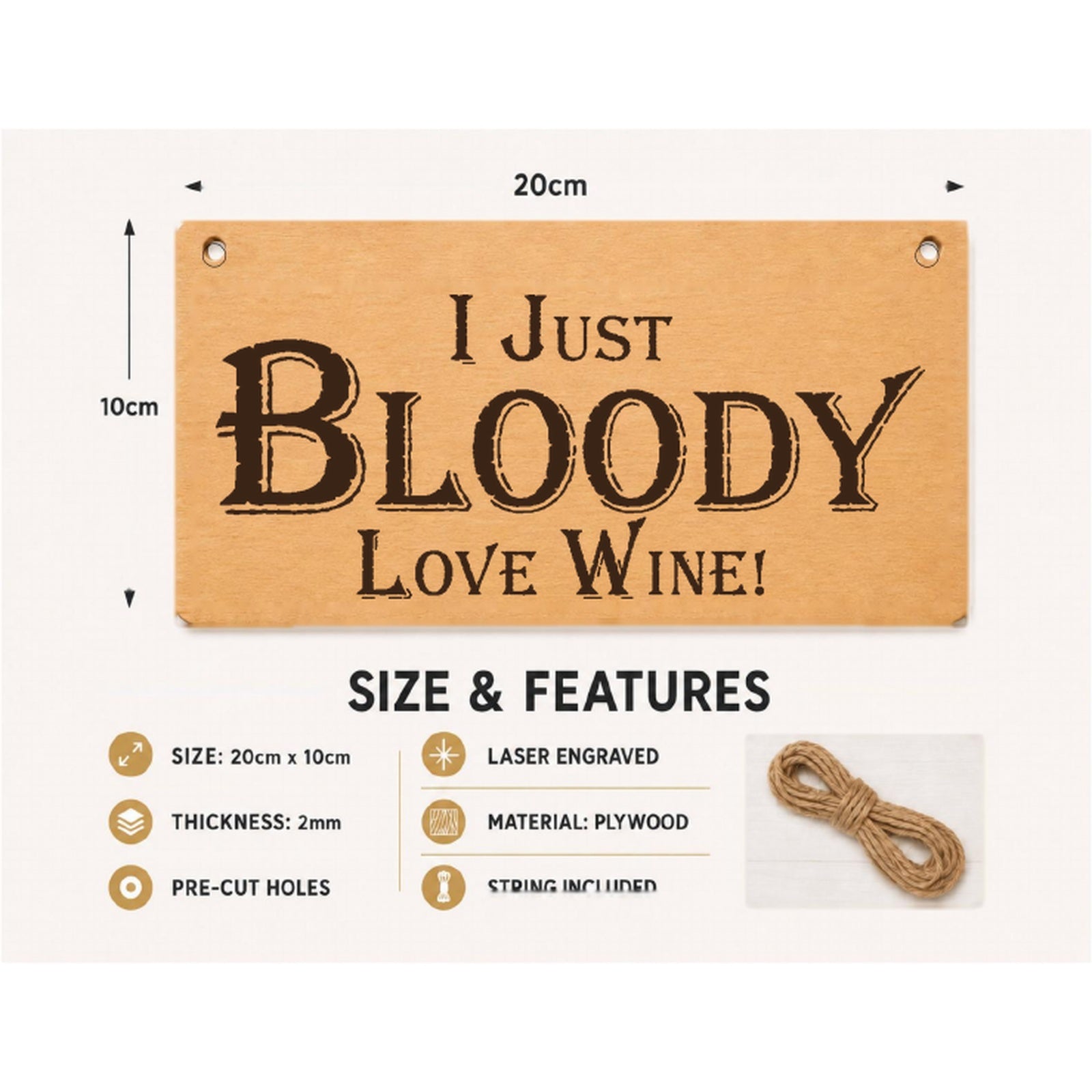 I Just Bloody Love Wine plaque showing 20 x 10 cm size and product features