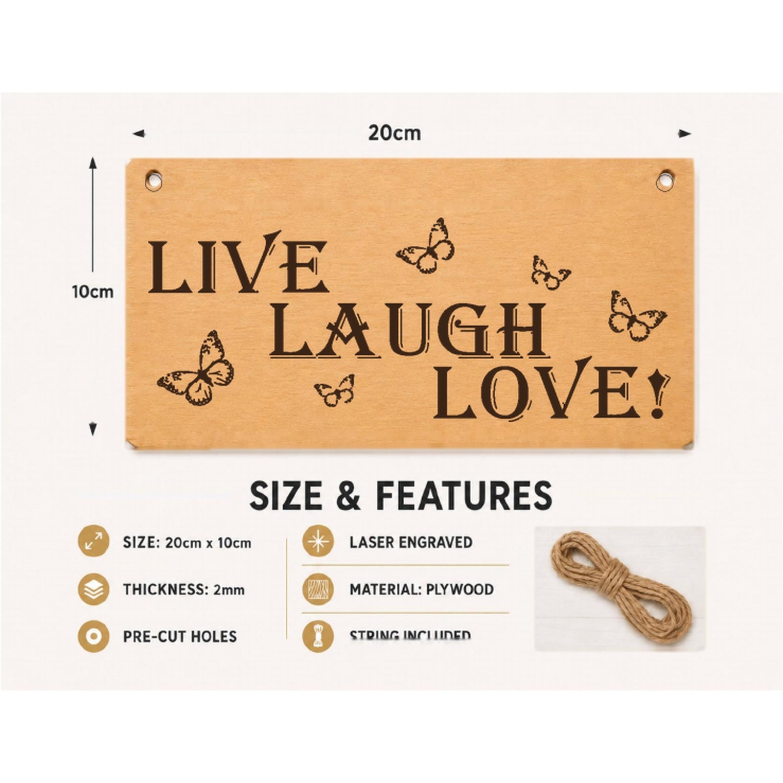 Live Laugh Love plaque showing 20 x 10 cm size and product features