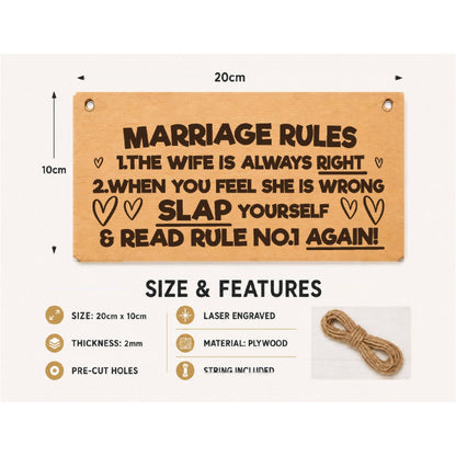 Marriage Rules plaque showing 20 x 10 cm size and product features