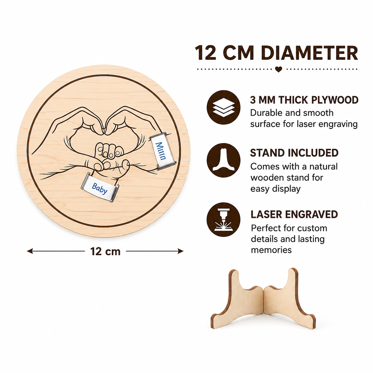 Mum and baby plaque size, material and stand information