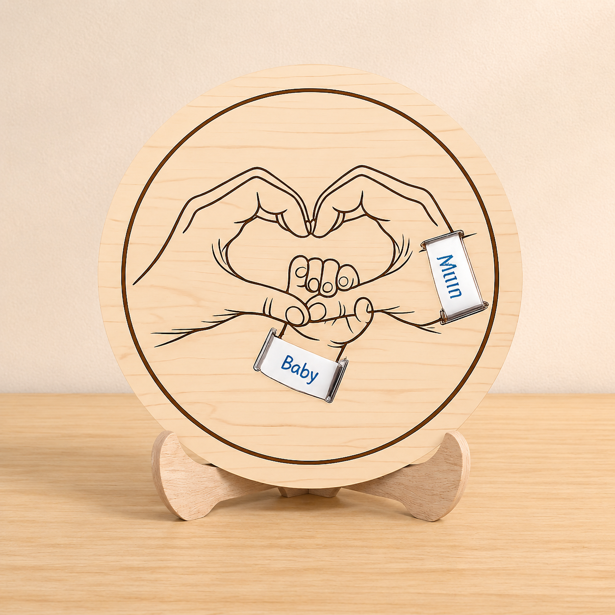 Personalised mum and baby heart hands plaque with wooden stand