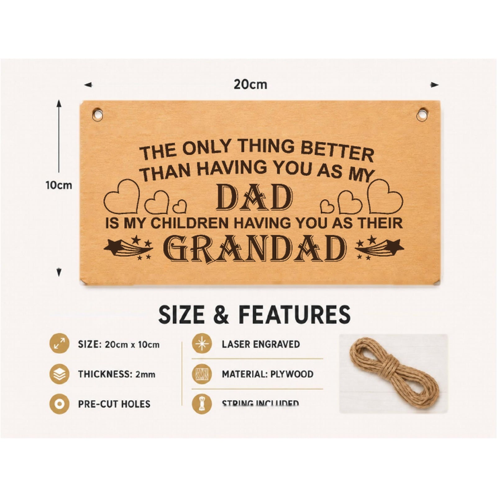 Dad Grandad and Great-Grandad plaque showing 20 x 10 cm size and product features