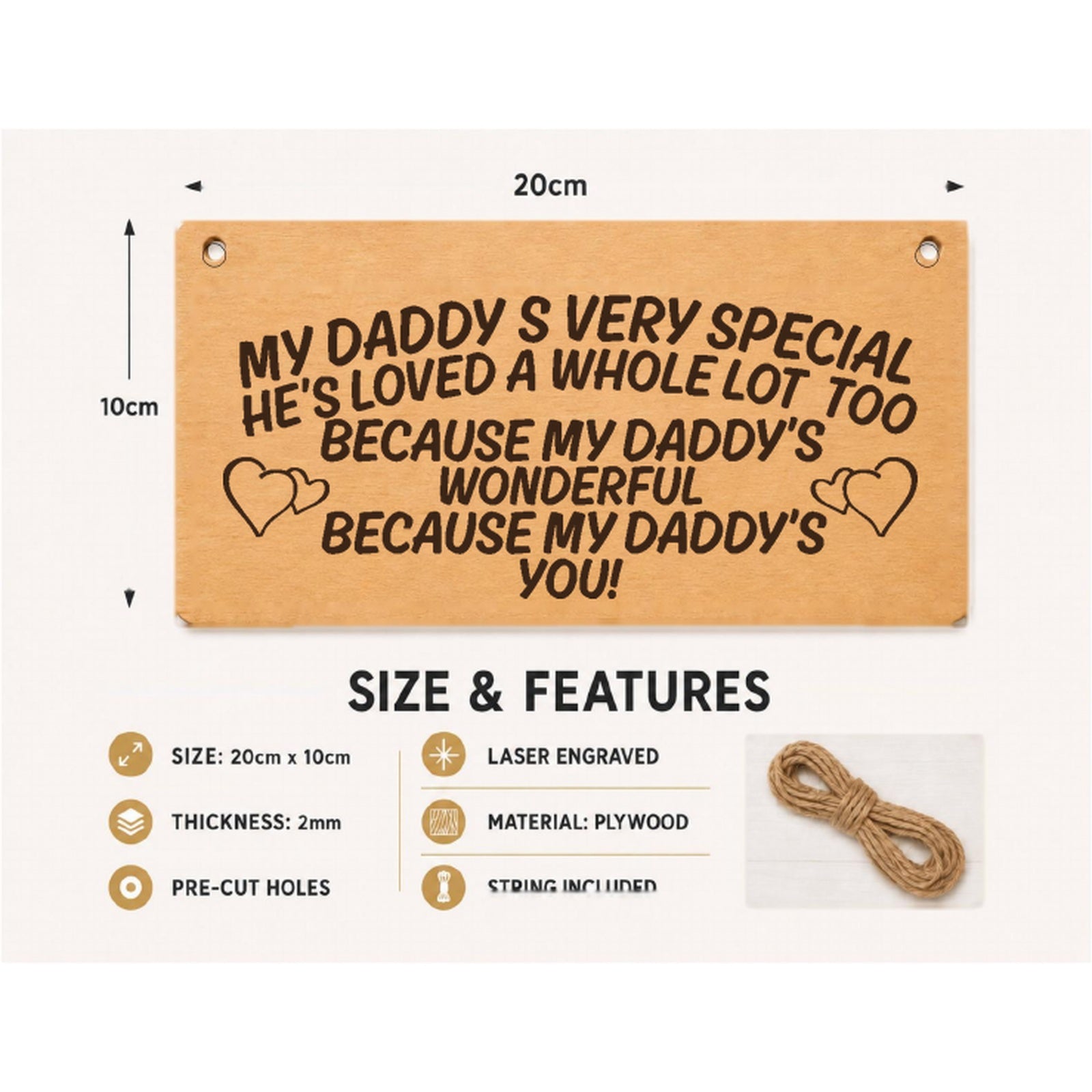Daddy You're So Special plaque showing 20 x 10 cm size and product features