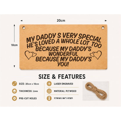 Daddy You're So Special plaque showing 20 x 10 cm size and product features