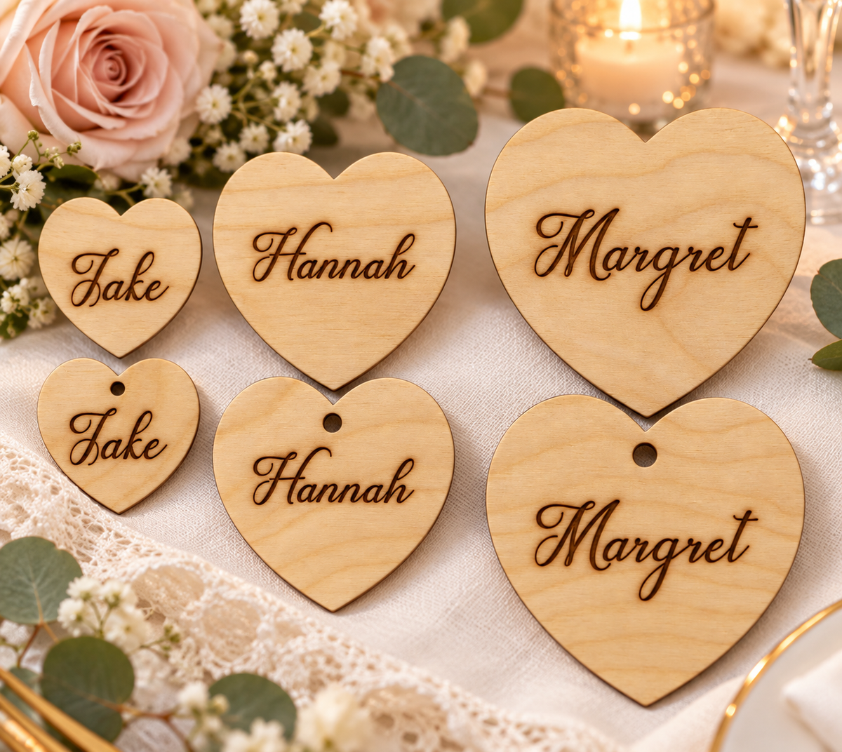 Personalised laser engraved wooden heart wedding place names