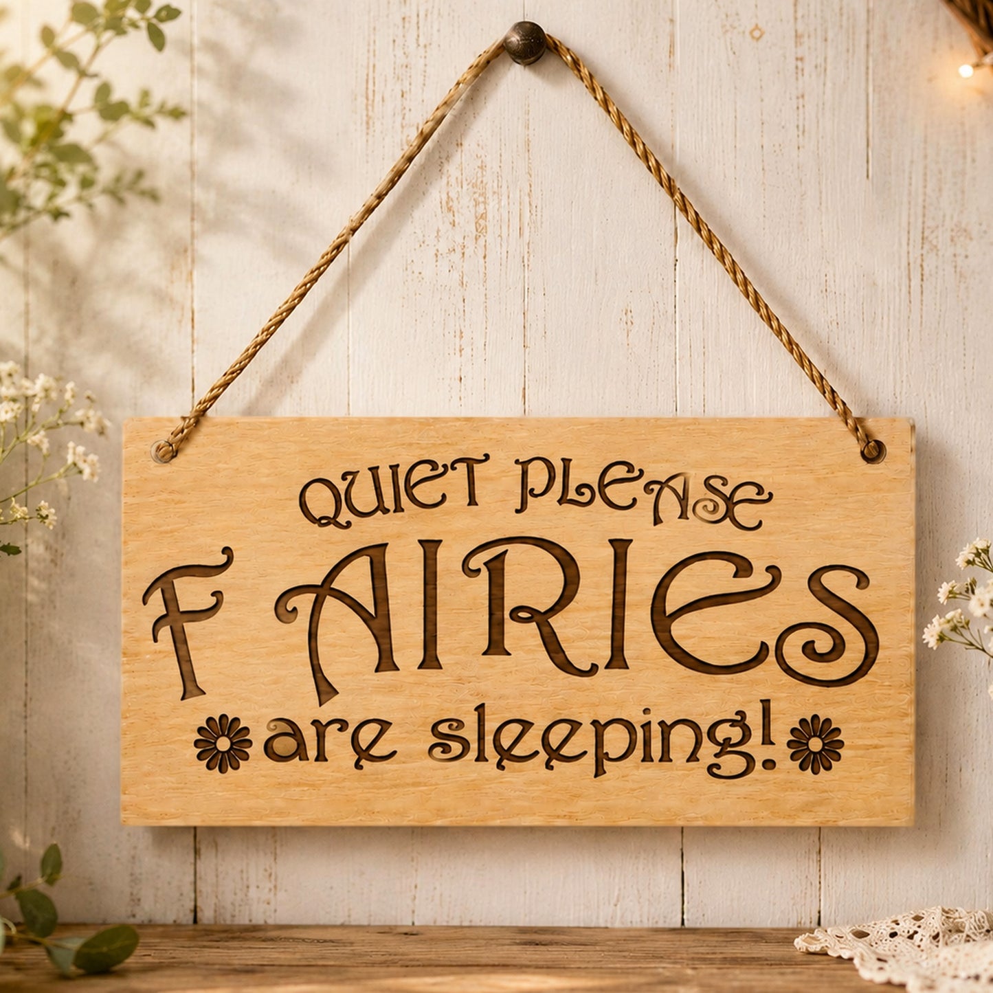Quiet Please Fairies Are Sleeping plaque displayed in a magical bedroom setting