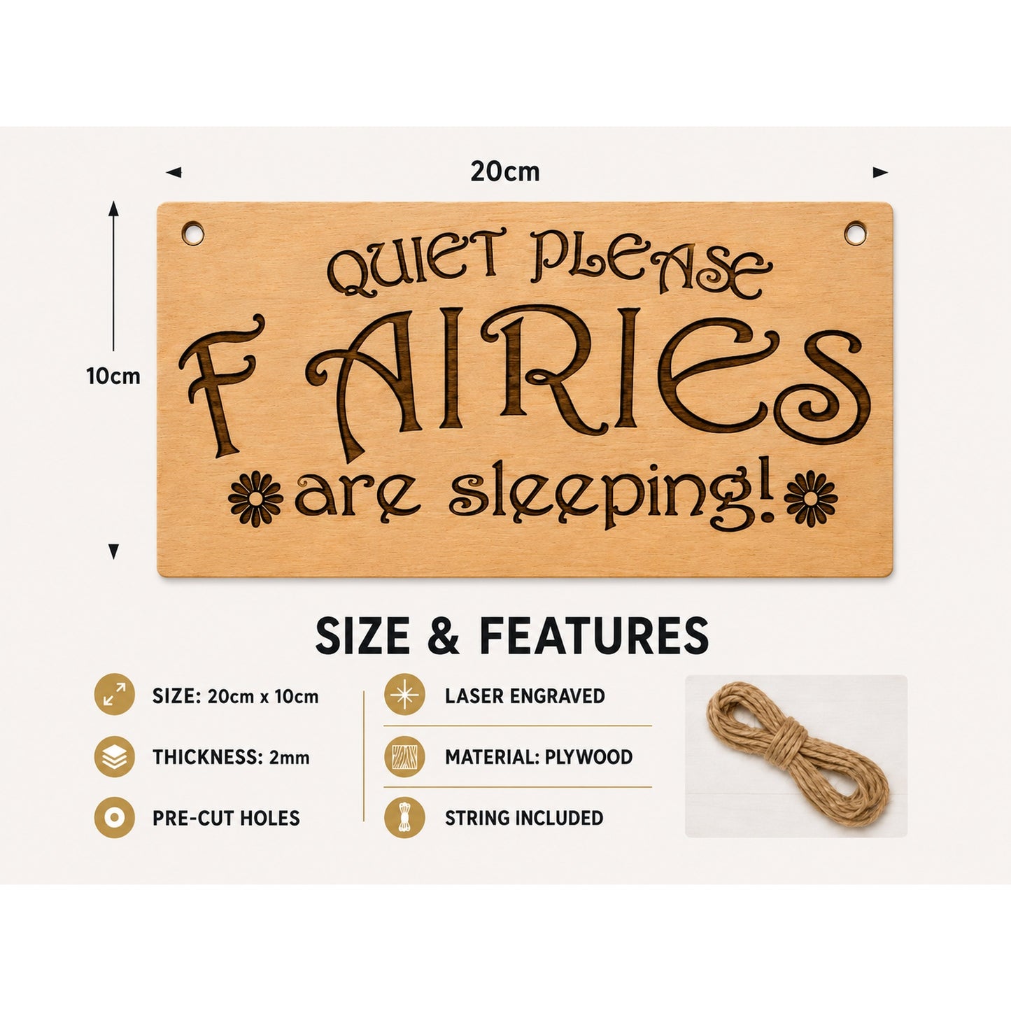Quiet Please Fairies Are Sleeping plaque showing 20 x 10 cm size and product features