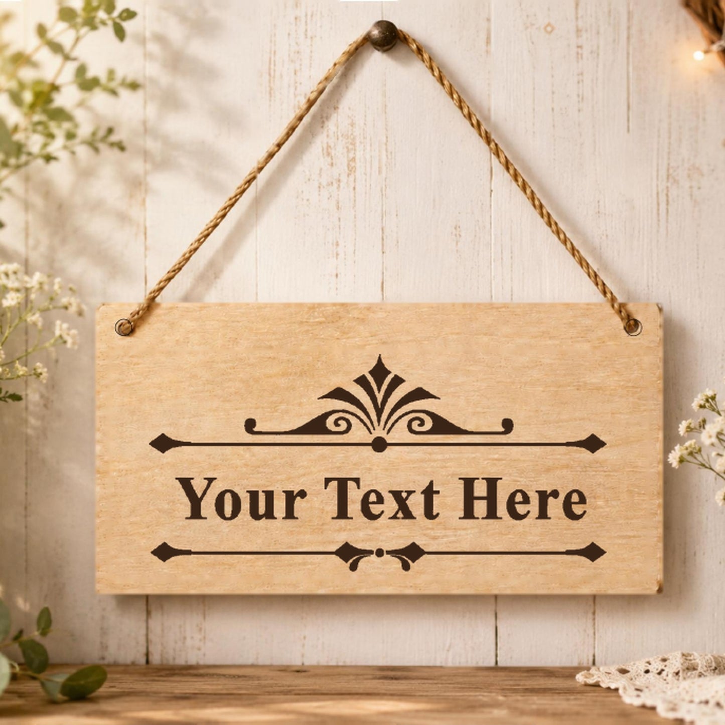 Personalised custom text wooden plaque displayed in a home setting