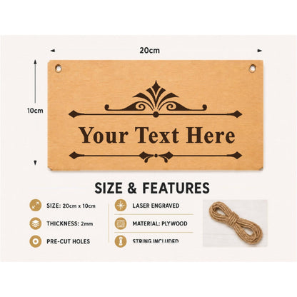 Personalised custom text wooden plaque showing 20 x 10 cm size and product features