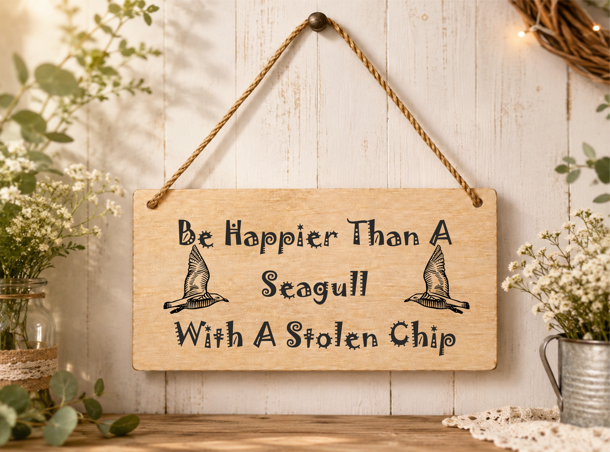 Happier Than A Seagull With A Stolen Chip Laser Engraved Wooden Plaque – Funny Hanging Sign 20cm x 10cm