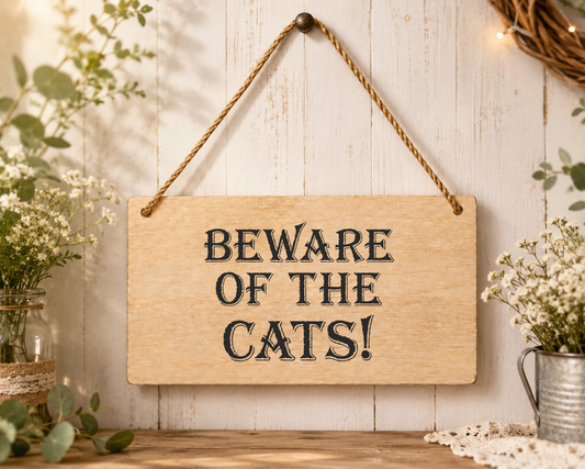 Beware Of The Cats Laser Engraved Wooden Plaque – Funny Hanging Sign 20cm x 10cm