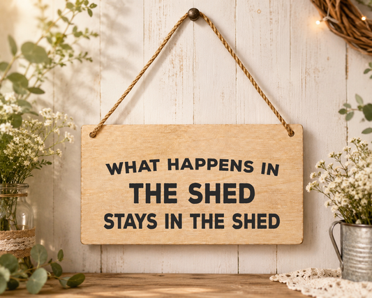 What Happens In The Shed Stays In The Shed Laser Engraved Wooden Plaque – Funny Hanging Sign 20cm x 10cm