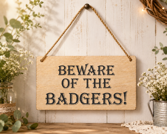 Beware Of The Badgers Laser Engraved Wooden Plaque – Funny Hanging Sign 20cm x 10cm