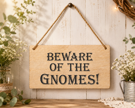 Beware Of The Gnomes Laser Engraved Wooden Plaque – Funny Hanging Sign 20cm x 10cm