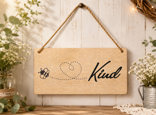 Bee Kind Laser Engraved Wooden Plaque – Inspirational Hanging Sign 20cm x 10cm