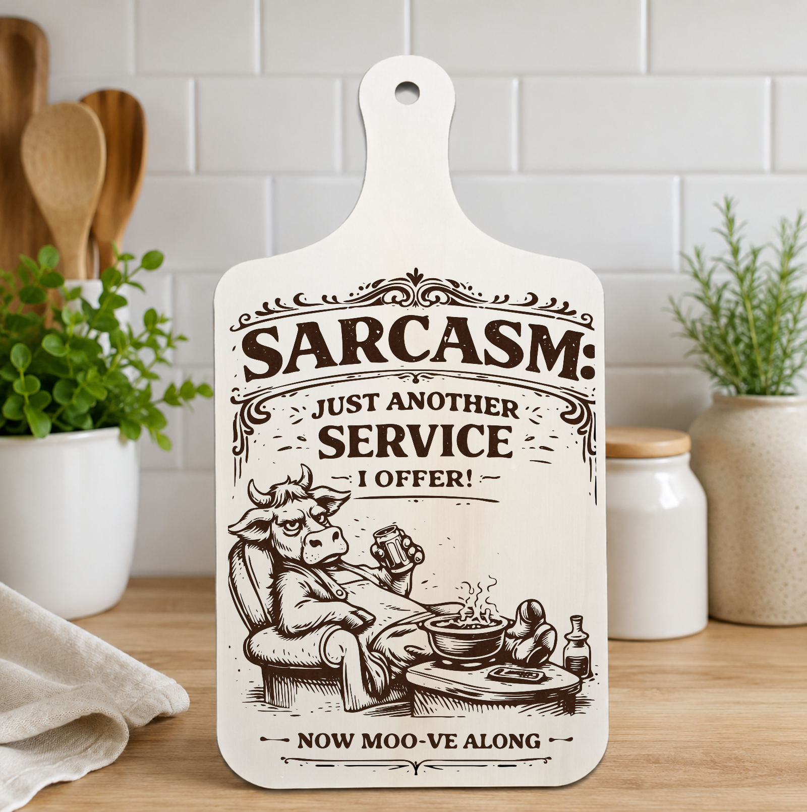 Sarcasm cow engraved wooden wall plaque displayed in a kitchen