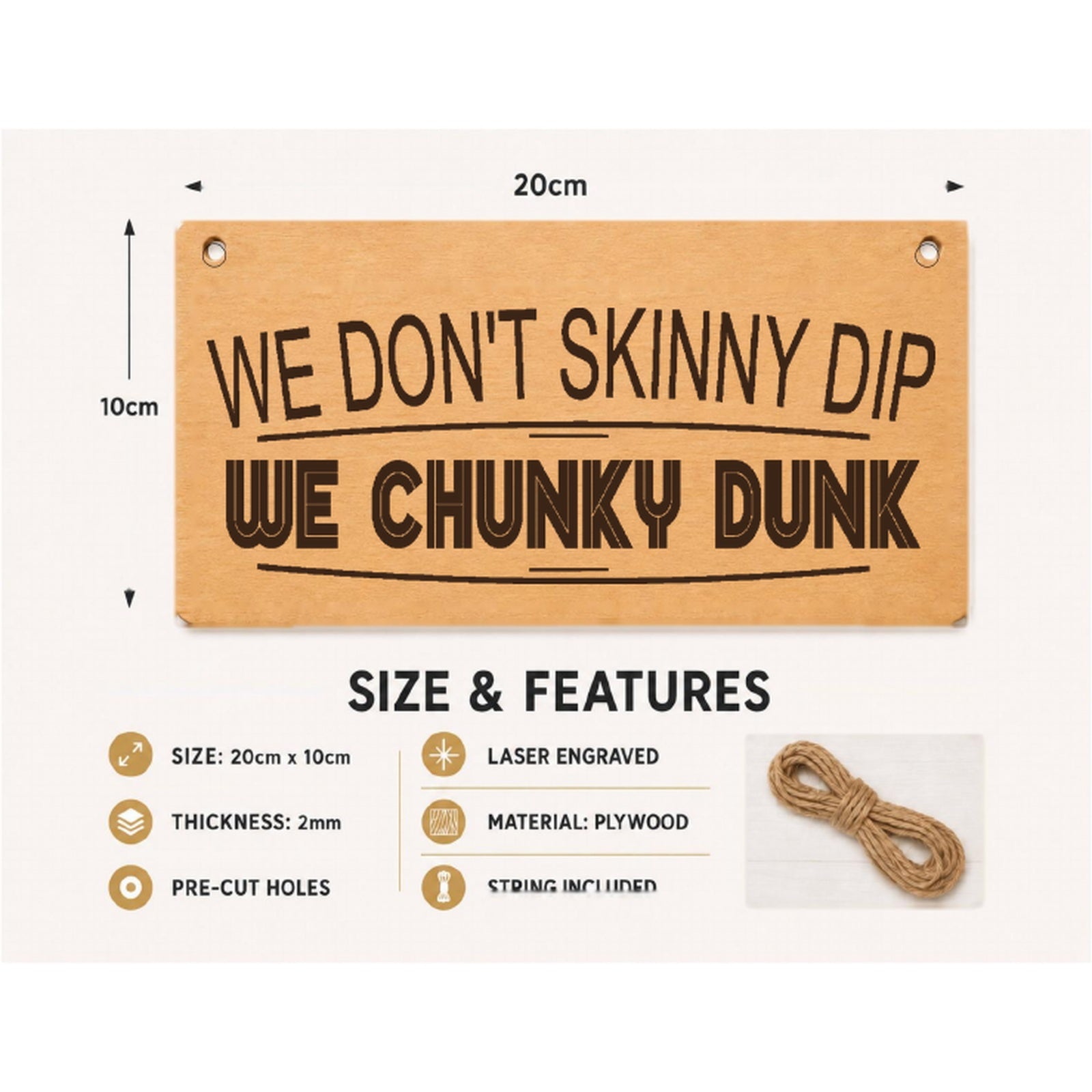 Chunky Dunk hot tub plaque showing 20 x 10 cm size and product features