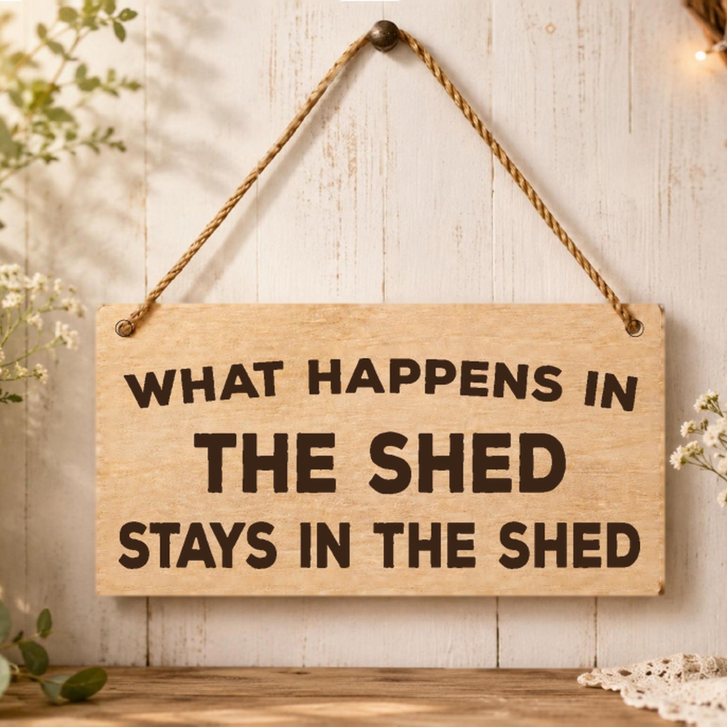 What Happens in the Shed plaque displayed in a shed setting