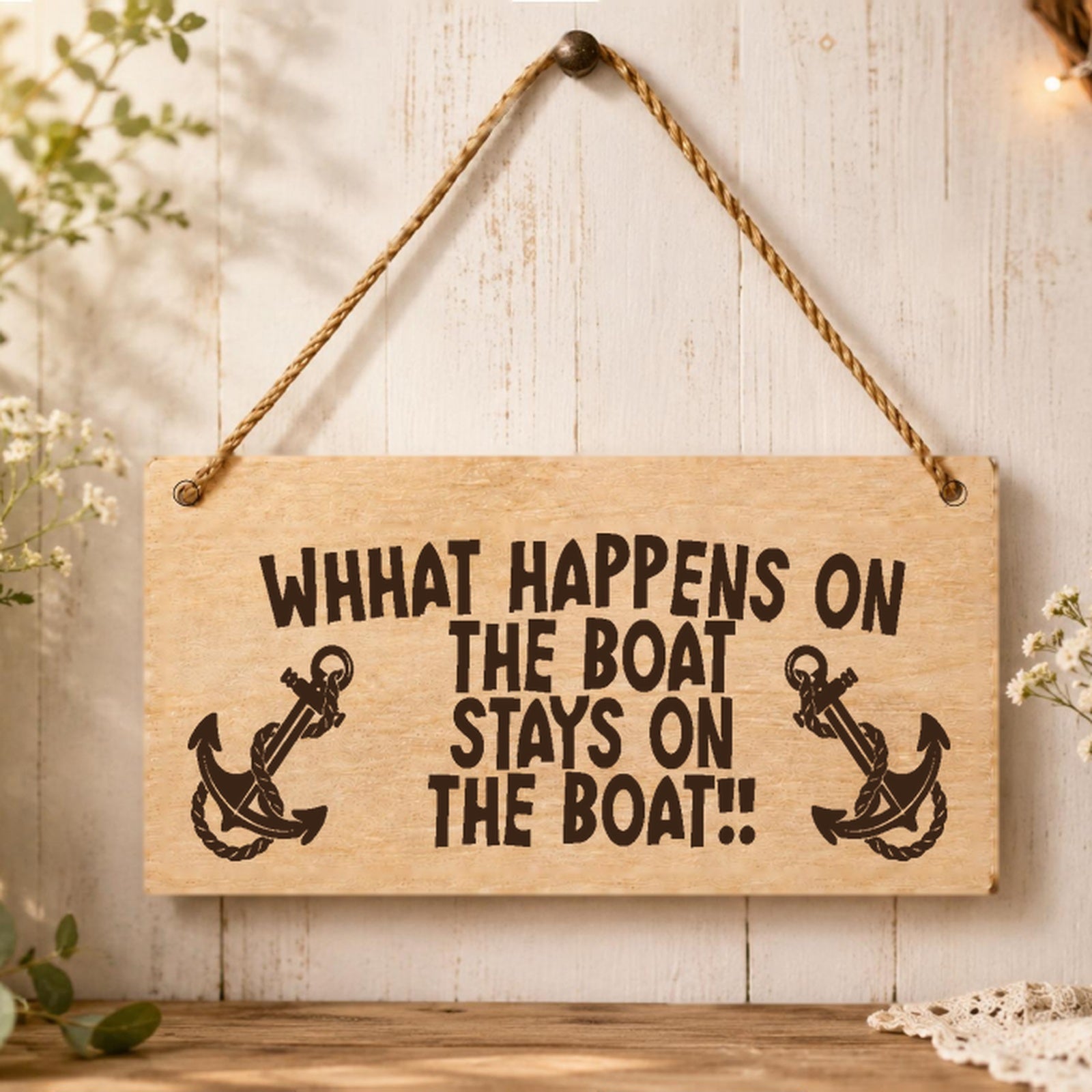 What Happens on the Boat plaque displayed in a nautical setting