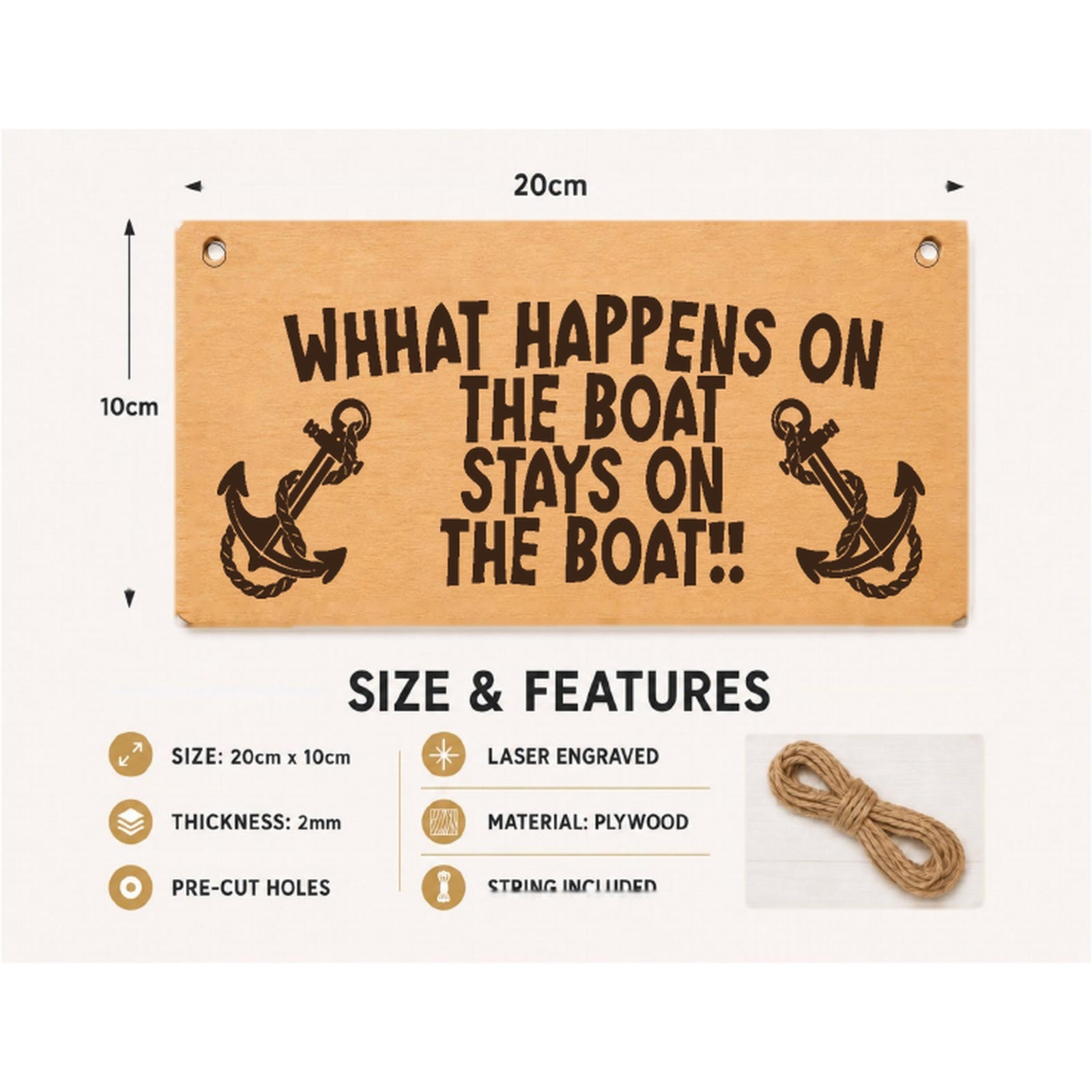 What Happens on the Boat plaque showing 20 x 10 cm size and product features