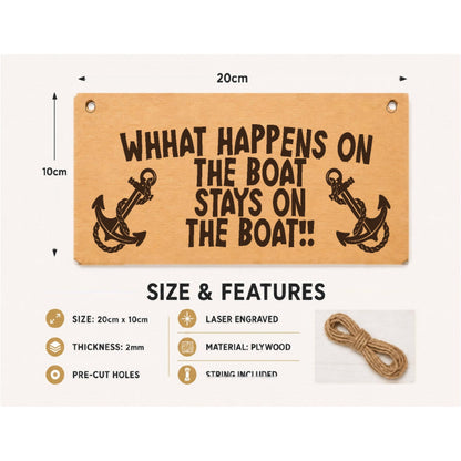 What Happens on the Boat plaque showing 20 x 10 cm size and product features