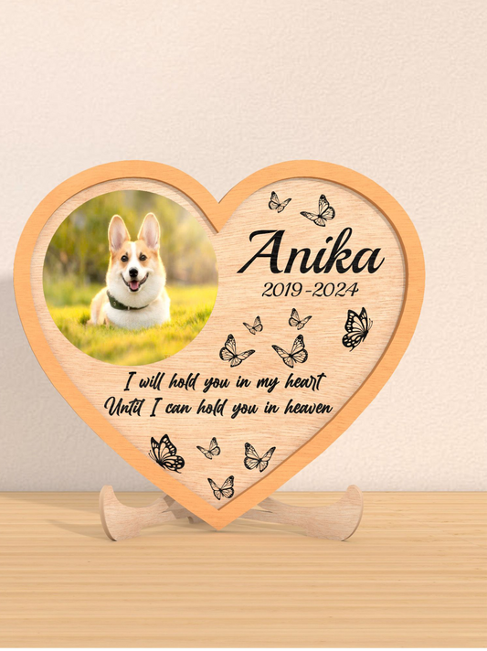 Personalised dog memorial heart plaque with photo and wooden stand